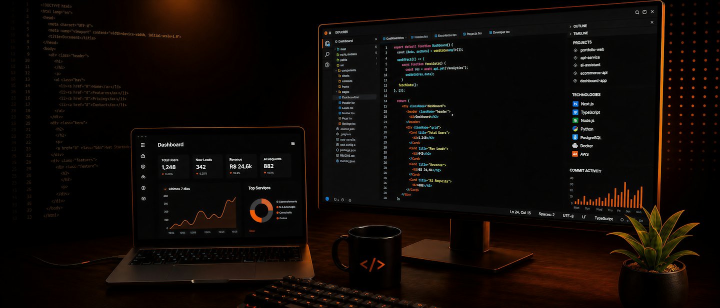 Notebook a monitor zobrazujúci softvérový kód a obchodné prehľady.